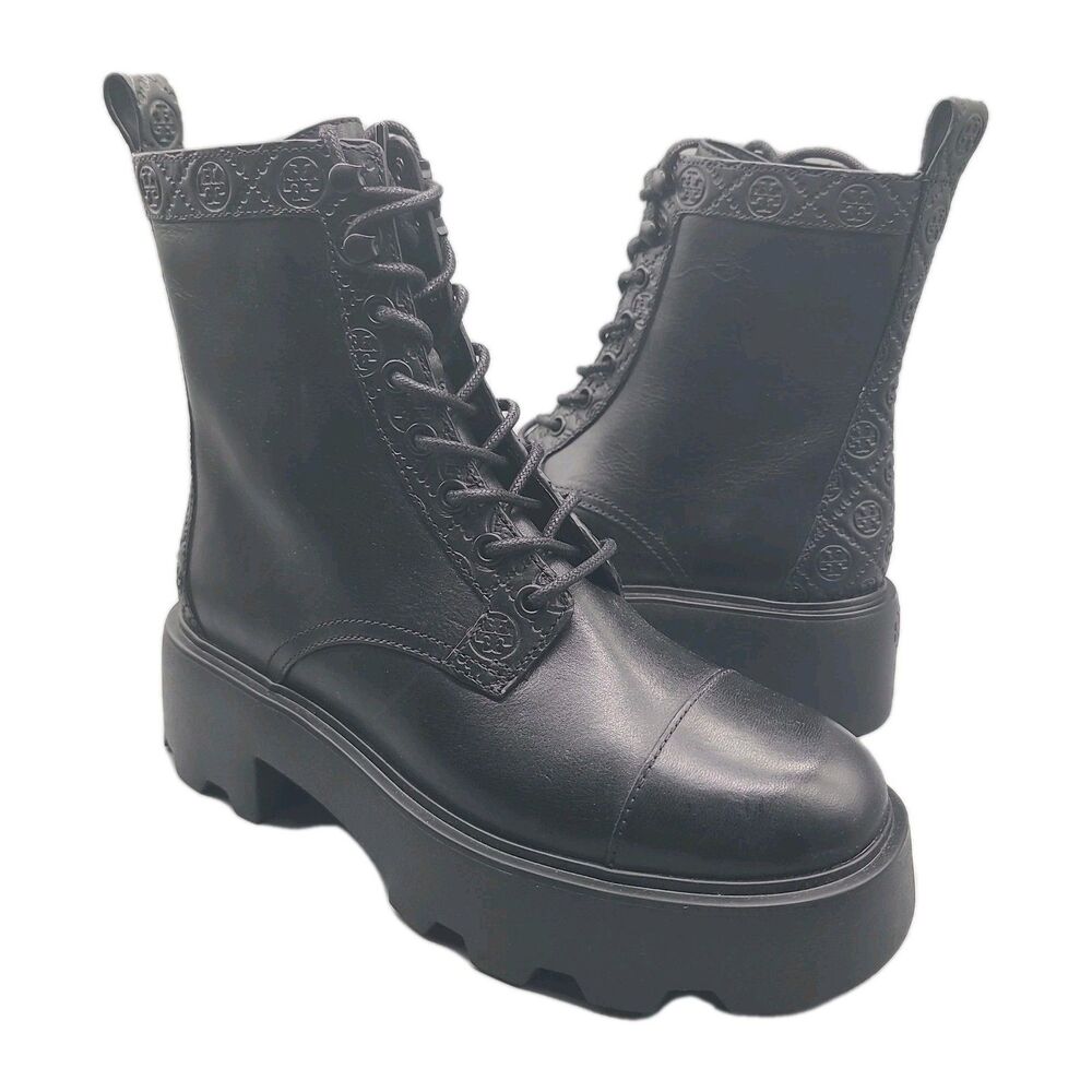 Tory Burch Women's BOOTS Combat Black leather T Monogram Lug Ankle Size 8 NEW